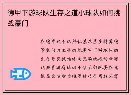 德甲下游球队生存之道小球队如何挑战豪门